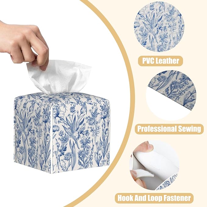 Vintage Floral Leather Tissue Box Holder Blue Flowers Tissue Box Cover Facial Paper Case Organizer Cube Napkin Dispenser for Bathroom Vanity Countertop Night Stand Office Car