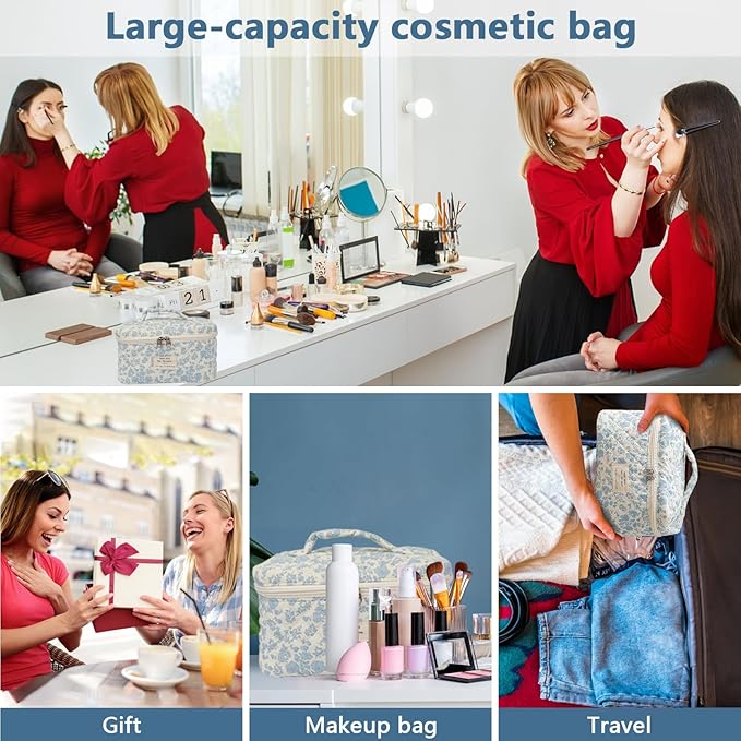 Large Makeup Bag, Cute Cosmetic Bag for Women Girls, Floral Coquette Aesthetic Toiletry Bag, Travel Make Up Organizer Bag ((White Butterfly Flower))