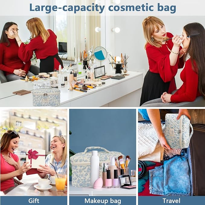 Large Travel Quilted Makeup Bag for Women,Big Floral Cotton Cosmetic Bag, Cute Coquette Aesthetic Floral Toiletry Organizer Bag (White Cherry)