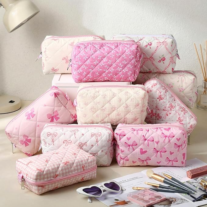 Paterr 10 Pcs Quilted Makeup Bag Bulk Cotton Floral Cosmetic Bag Women Girls Bridesmaid Gifts Cute Makeup Pouch Coquette Aesthetic Travel Toiletry Organizer(Pink Bow,6.30 x 3.94 Inches)