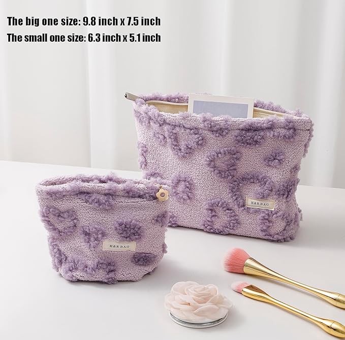 getgto 2 Pcs Makeup Bags, Large Cosmetic Bag Travel Toiletry Bag Organizer for Women, Plush Makeup Bag Small Cosmetic Pouch Purse with Zipper Gifts for Girls Teen