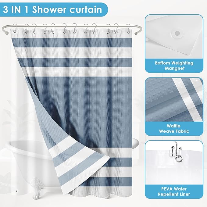 Nesphy Shower Curtain and Liner, Blue Striped 3 in 1 Shower Curtain and PEVA Liner Set with 12 Rust-Resistant Metal Hooks, Waterproof Fabric Shower Curtains for Bathroom, 72 W x 72 H