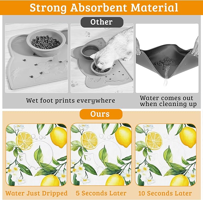 Lemon Feeding Mat,Green Leaves Absorbent Quick-Dry Cat Dog Food and Water Bowl Mats,Non-Slip Rubber Backing Mat,Cat Dog Accessories Supplies 12" x 20"