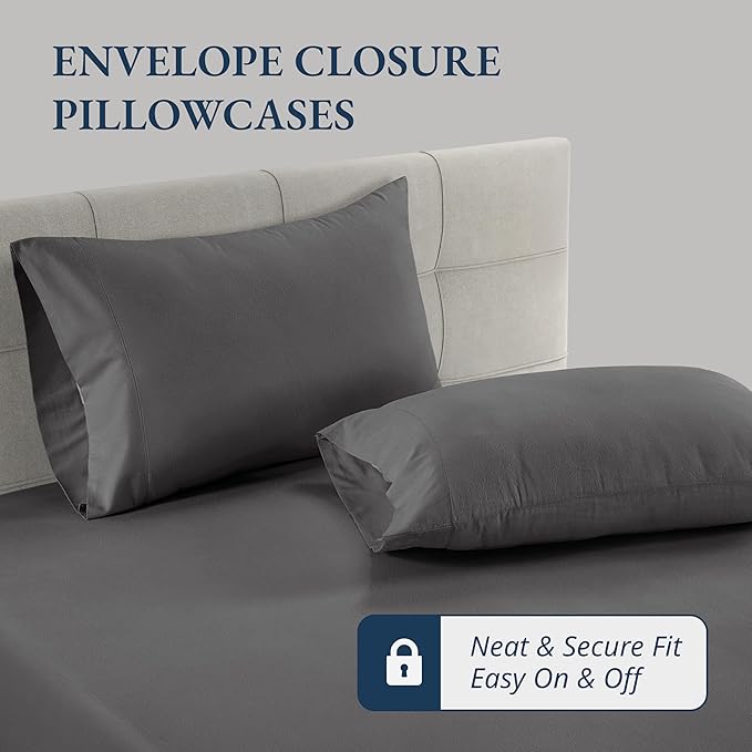 LANE LINEN Fitted Sheets Twin Size, 100% Organic Cotton 2-Piece Set (1 Fitted Sheet, 1 Pillowcase), Percale Weave, Ultra Soft, Breathable,Fits Mattress Upto 15'' Deep - Charcoal (No Flat Sheet)