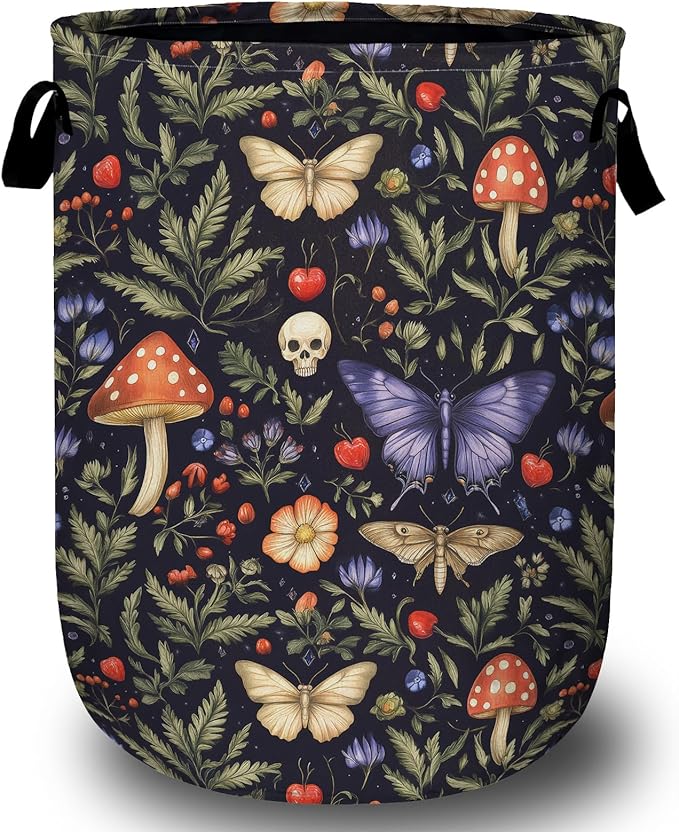 Vintage Mushroom Butterfly Laundry Basket with Sturdy Handles, Collapsible Oxford Cloth Laundry Hamper Organizer Basket for Bathroom Bedroom 15.7x20 Inch