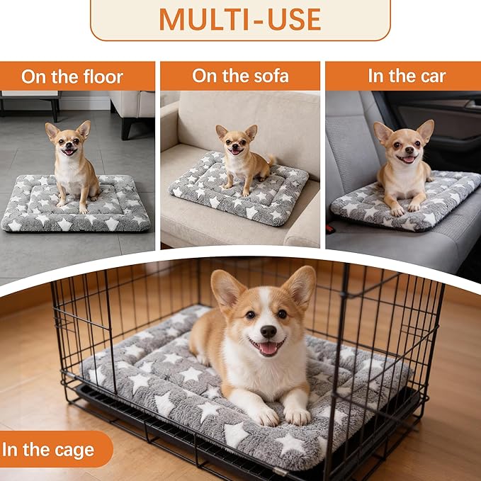 Fogkiss Dog Bed Mat, Reversible Crate Pad & Cute Dog Bed - Machine Washable Kennel Mat with Ultra Soft for Small Dogs (Cool/Warm), 24" x 18", Grey&Star
