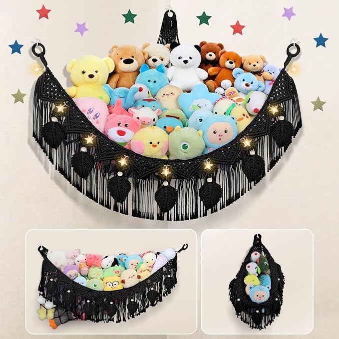 Stuffed Animal Storage Hammock Corner, 56'' Jumbo Boho Macrame Leaf Hanging Stuff Animal Holder for Teddy Plushie, Black Stuffed Animal Net Toy Storage w/Star Lights for Baby Girl Boy Gift