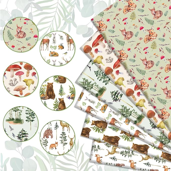 JarThenaAMCS 6Pcs Woodland Cotton Fabric Bundles Watercolor Forest Fat Quarters Bear Deer Mushroom Tree Quilting Patchwork for DIY Sewing Craft Decor, 18 x 22 Inch