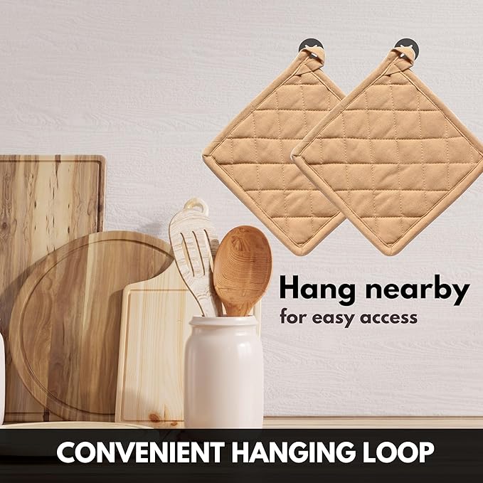 Oven Mitt (7"x13") & Pot Holder (8"x8") 100% Cotton Set of Heat Resistant Oven Gloves & Hot Pads for Gifts, BBQ, Cooking, Baking, Thanksgiving - Beige