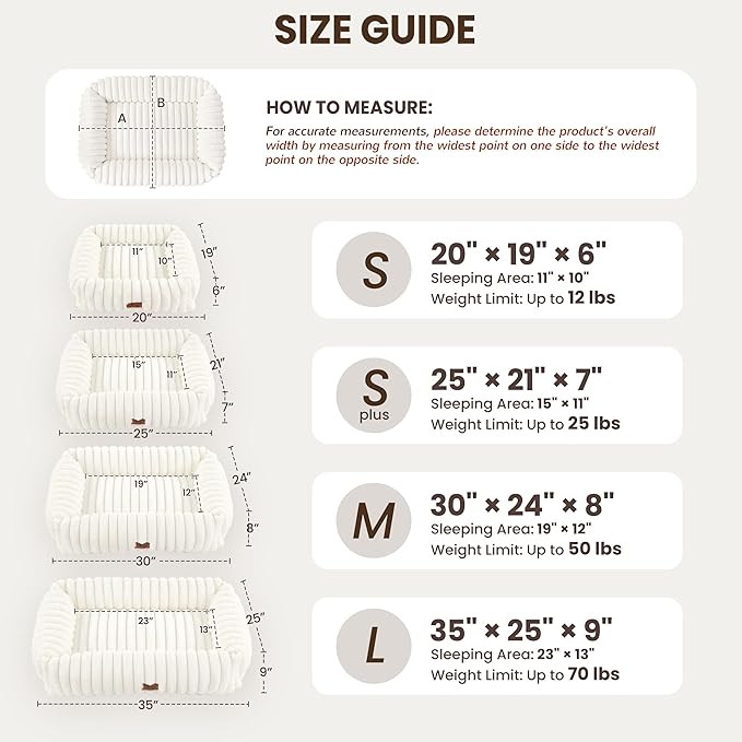 Warmrest Washable Dog Bed for Small Medium Dogs - Rectangle Orthopedic Corduroy Fleece Pet Bed with Removable Cover and Nonskid Bottom, Calming Puppy Bed Soft Pet Sofa, Cream(25x21x7inchs)
