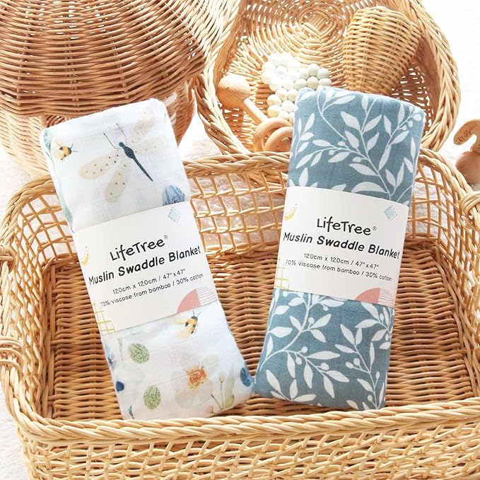 LifeTree Baby Swaddle Blankets, Boys Girls Muslin Swaddling Wrap Receiving Blanket for Newborn, 70% Viscose from Bamboo and 30% Cotton, Large 47" x 47", Blue Floral and Leaf