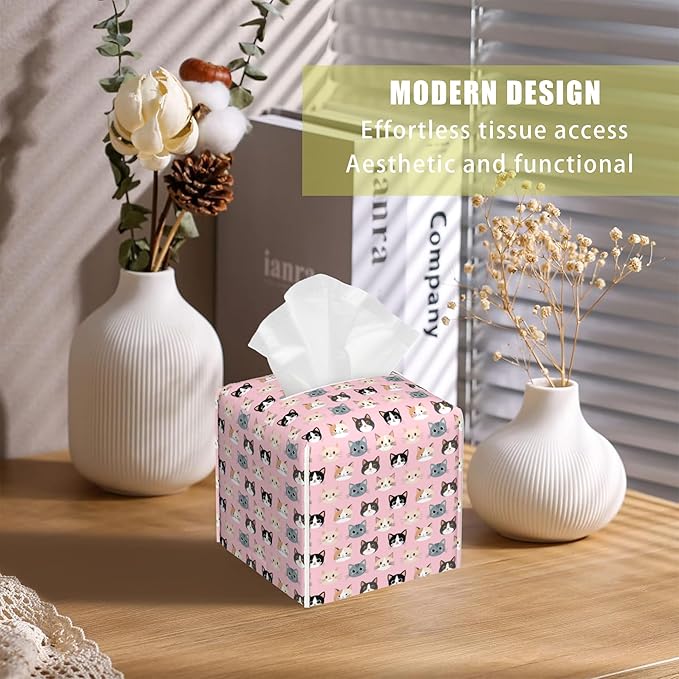 Leather Tissue Box Holder Cute Cat Faces Tissue Box Cover Facial Paper Case Organizer Cube Napkin Dispenser for Bathroom Vanity Countertop Night Stand Office Car