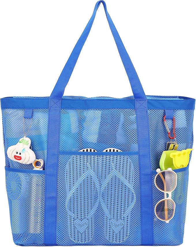 Fammart Mesh Beach Bag, Large Beach Tote Bags with Zipper, Toys Pool Bag for Family Travel Vacation Cruise Essentials