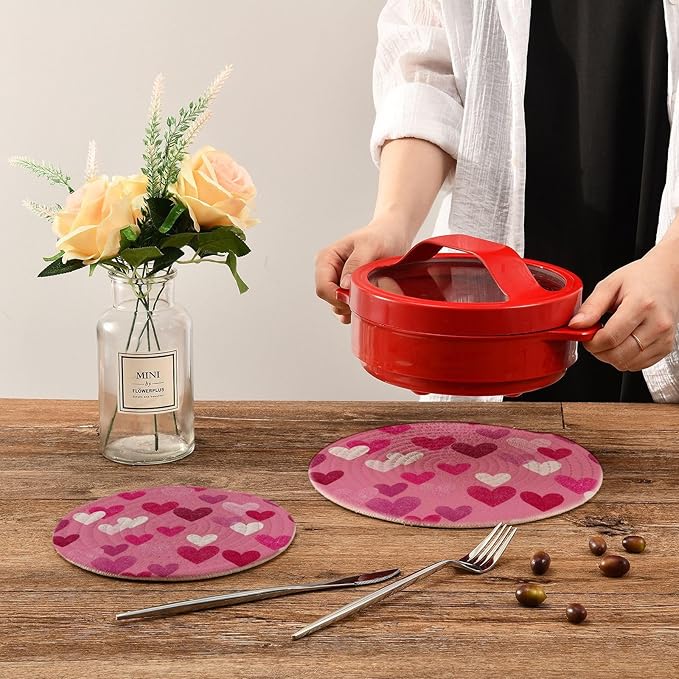 Valentine's Day Pink Hearts Trivet Mat 2PCS Round Woven Potholders Kitchen Table Countertop Protector Hot Pads Farmhouse Coasters Counter Mats for Cooking Baking