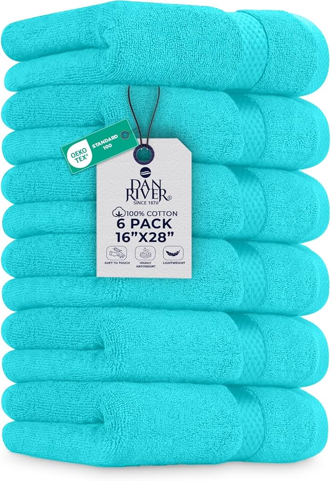 DAN RIVER 6-Pack Premium Hand Towels (16x28 Inches) - 100% Cotton, Ultra Soft, Lightweight, Highly Absorbent Towels for Bathroom, Spa, Gym, Salon, Hotel, and Travel - Turquoise