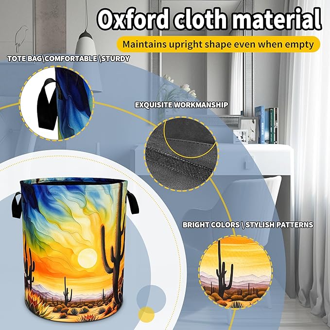 NUTAINLA Desert Cactus Laundry Basket Sunset Foldable Oxford Cloth Funny Tote Bag Laundry Hamper Clothes Storage Bucket Toy Organizer For Bathroom/Laundry Storage/Bedroom 18.9x16.5 Inch