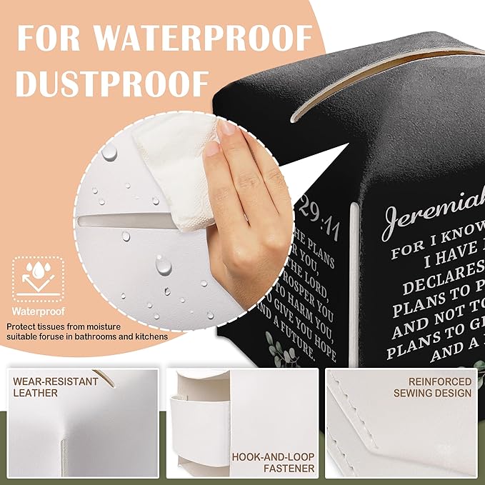 Christian Decorative Tissue Box Cover Square, Black Tissue Box Cover Leather, Bible Verse Gift Ideas for Friends, for I Know The Plans I Have for You, Bathroom Decor-(5.2 Inches)
