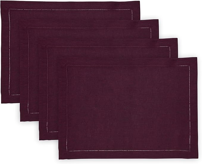 Solino Home Linen Cloth Placemats Set of 4-100% Pure Linen Hemstitch Chambray Burgundy Placemats 14 x 19 Inch - Milan Hemstitch Table Place Mats for Valentines, Winter