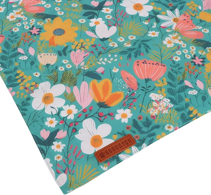 ADOGGYGO Floral Dog Bandana, Orange Green Flower Pet Scarf, Adjustable Fit Floral Bandanas for Medium Large Dogs Pets (Large)