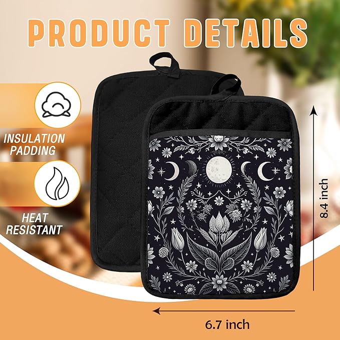 Dark Witchy Moon Phase Floral Pot Holders with Pockets, Mystical Astrology Cottagecore Flower Botanical Oven Pot Holders Heat Resistant Oven Mitts Hot Pads for Kitchen Baking Cooking