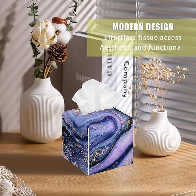 BLYKVGHQ Purple and Gold Marble Tissue Box Cover Square, Abstract Art Tissue Box Holder with Bottom Belt Leather Facial Paper Organizer Dispenser for Bathroom Bedroom Dresser Night Stand Tabletop