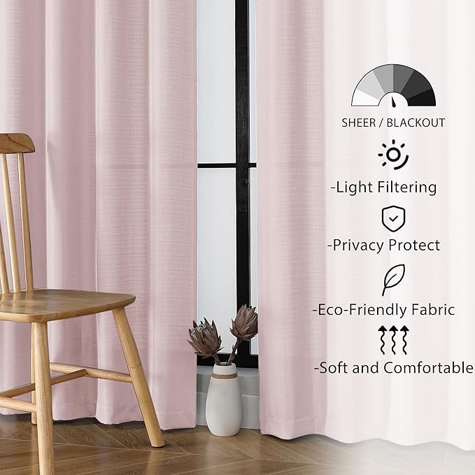 Lecloud Bessie Blush Pink Curtains 84 Inches Long 2 Panels, Airy Privacy Light Filtering Window Drapes, Faux Linen Textured Curtains for Living Room Dining Room Bedroom, Each 40 W x 84 L