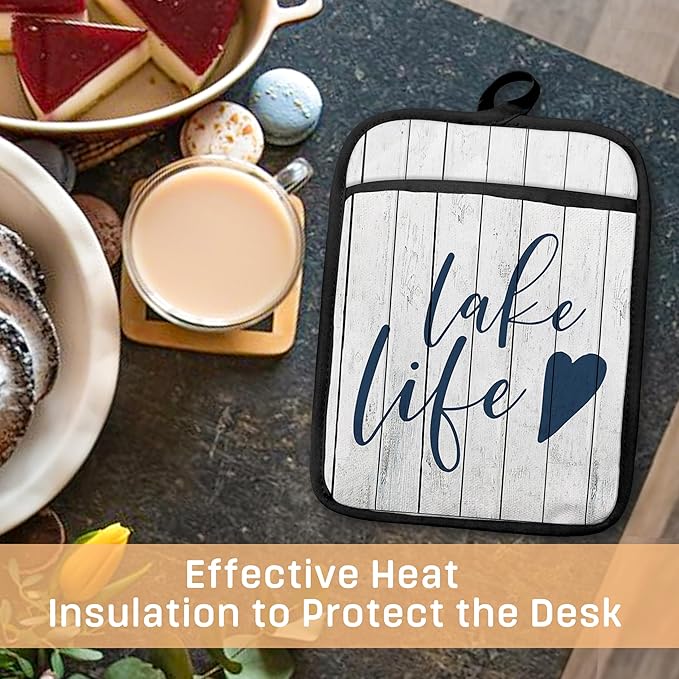 Lake Life Gifts Pot Holders with Pockets, Lake Life House Gifts for Women Oven Pot Holders Heat Resistant Oven Mitts Hot Pads for Kitchen Baking Cooking