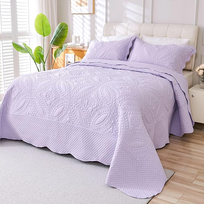Cmfshape Oversize King Bedspread 120"x120",3 Piece California King Quilt,Lightweight Lavender Bed Quilt Set for All Season,Modern Coin Pattern Bedding Set