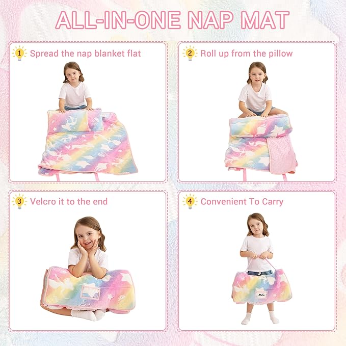 Lasoftan Toddler Nap Mat with Pillow and Blanket, Extra Large Rolled Napping Mats,Slumber Bags for Boys Girls,Kids Sleeping Bag for Daycare, Preschool Travel Camping