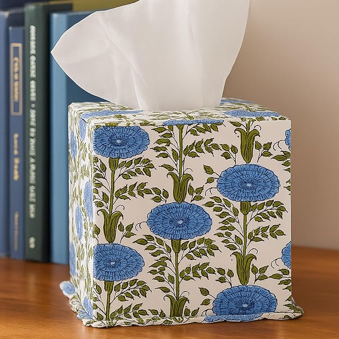 Ferrochef Blue Paper Mache Tissue Box Cover Floral Print Tissue Box Decorative Square Napkin Holder for Grand Millennial Home Bedroom Countertop Night Stands Office Country Decor