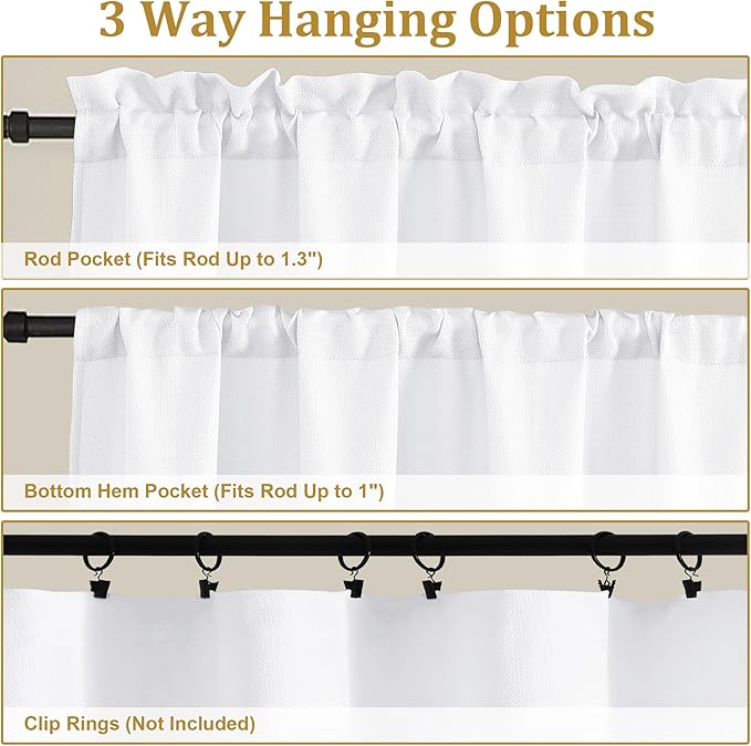 Lecloud Bessie White Curtains 24 Inch Length 2 Panels, Faux Linen Light Filtering Cafe Kitchen Curtains Tiers, Window Treatments for Bedroom Bathroom, Each 30 W x 24 L