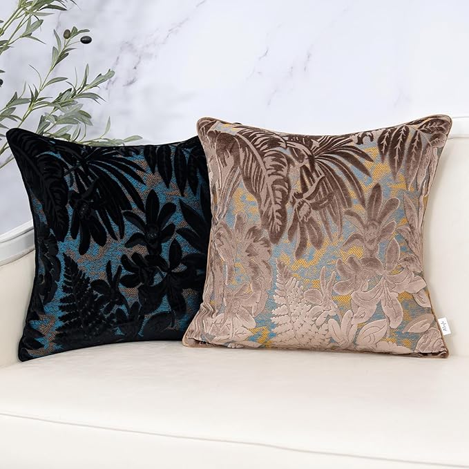 Alerfa Black Throw Pillow Cover 20x20 Inch, Square Cut Velvet Maple Leaf Embroidery Luxury Farmhosue Accent Decorative Pillow Cover for Couch Living Room Bedroom
