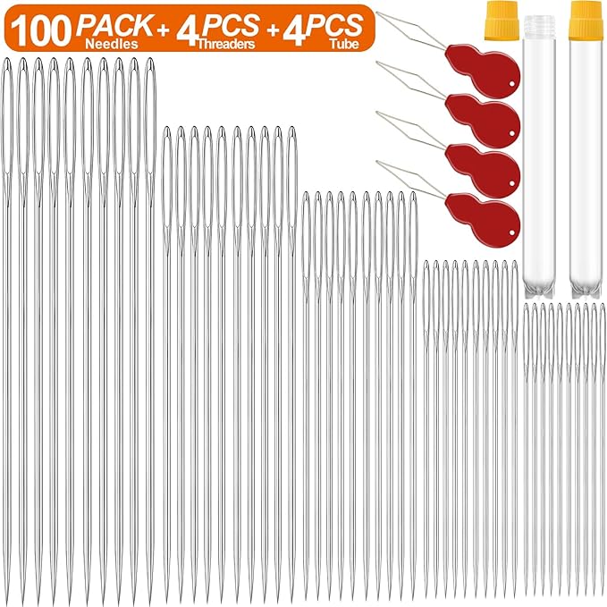 100 Pack Premium Large Eye Needles for Hand Sewing with Needle Threaders, Assorted Sizes, Embroidery Needles for Hand Sewing, Sewing Needles Large Eye, Big Eye Needle