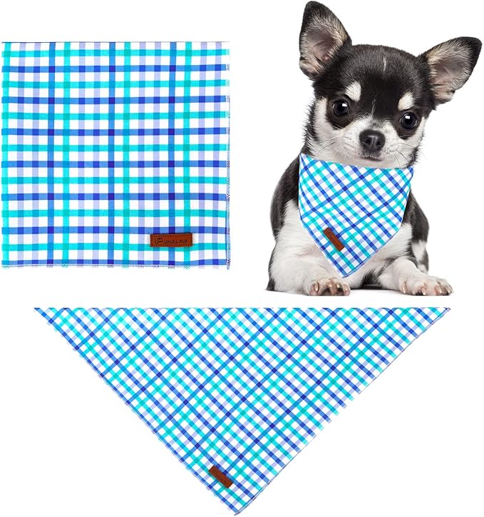 UP URARA PUP Summer Bandana - Comfortable Cotton Grid Triangle Bid Scarf for Puppy, Washable Pet Kerchief for Boy or Girl Dogs or Cats, Blue and White Cute Bandana, Classic Dog Bid Scarf