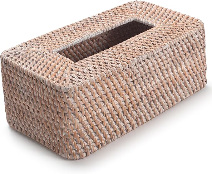 Rattan Tissue Box Cover, Rectangle Wicker Tissue Box Holder, Boho Tissue Box Cover for Living Room, Bathroom, Kitchen, Bedroom, 10.2 x 6.1 x 4.1 inch, Whitewash
