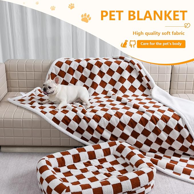 Maidewow Waterproof Pet Blanket,Dog Bed Covers Couch Sofa Stylish Jacquard Pets Throw Blankets for Puppy Cats Washable Reversible Furniture Protection Covers (Coffee Check,L)