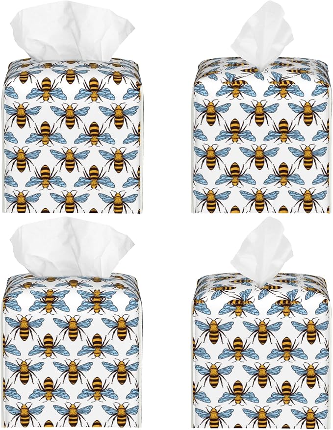 POIUBLE Honey Bee Tissue Box Cover Leather Tissue Box Holder Square Facial Paper Organizer Dispenser for Bathroom Kitchen Bedroom Vanity Countertop Night Stands