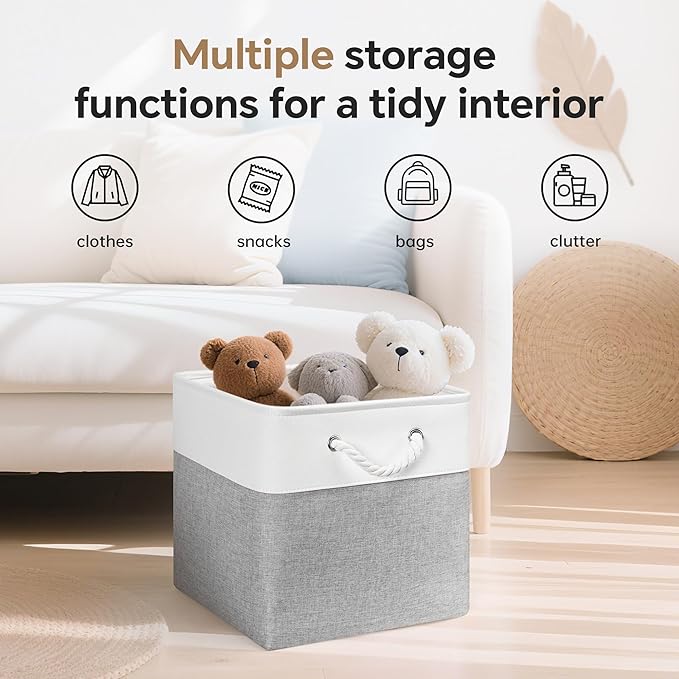ECDYQXVU 13x13 Inch Cube Storage Bins with Reinforced Bottom Cardboard, 6 Pack Large Foldable Fabric Storage Cubes with Handles for Shelf, Closet, Laundry Organization (White&Gray)