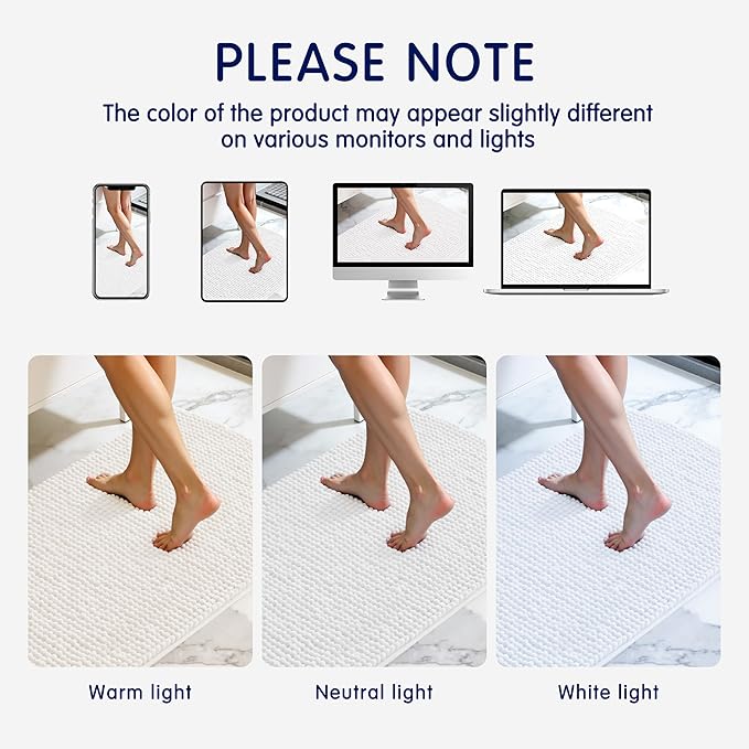 SUBRTEX Bathroom Rugs Chenille Bath Rug Soft Short Plush Bath Mat Soft Shower Mat Water Absorbent Shower Mat Quick Dry Machine Washable (White, 20" x 32")