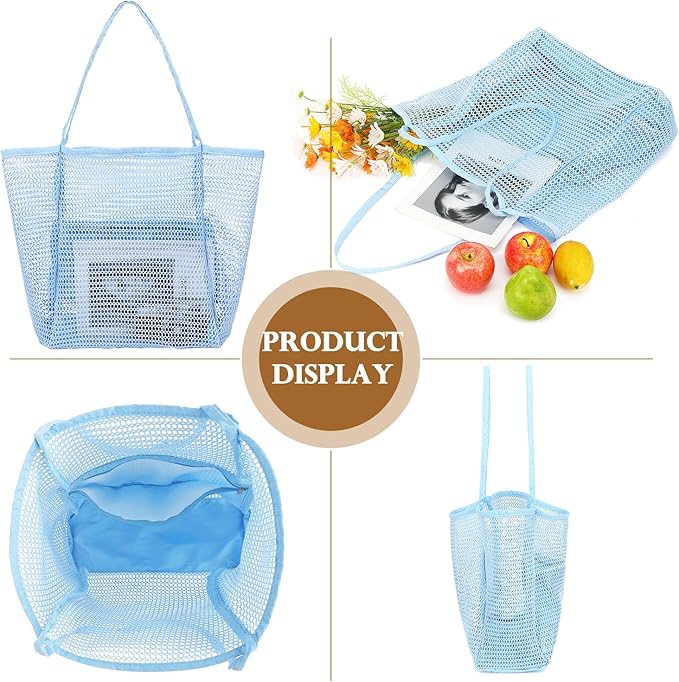 Fammart Mesh Beach Bag, Large Beach Tote with Zipper Pocket for Family Pool Bag for Toys & Vacation Essentials
