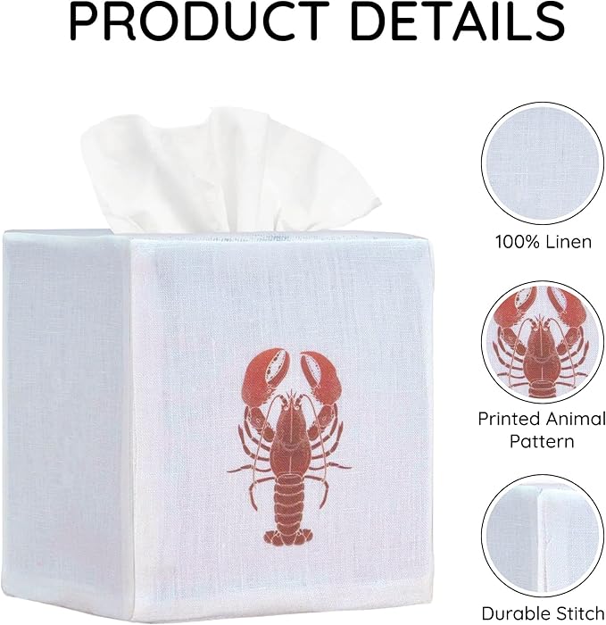EmbroideryLinen.VN Tissue Box Cover Set of 2, Square Linen Tissue Holder, Printed Animal Pattern, 4.5x4.5x5.5 Inches, Decorative Holder for Bathroom, Living Room, Office (Lobster)