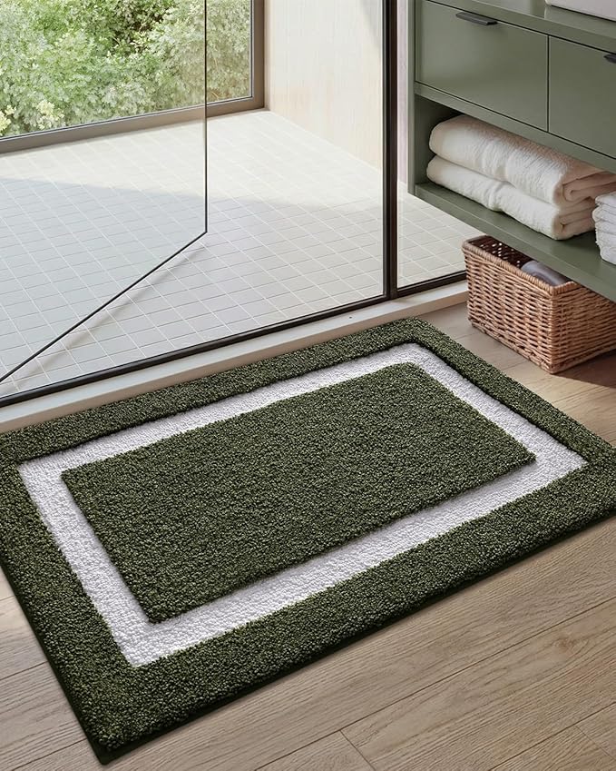 Color&Geometry Bathroom Rugs, Water Absorbent and Quick Dry Microfiber Bath Rugs-16"x24", Non-Slip, Machine Washable, Extra Soft Plush Bath Mats for Bathroom, Laundry Room, Green White