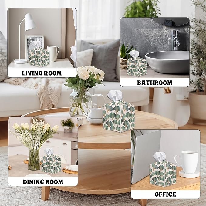 Ginkgo Leaves Square Tissue Box Holder Cover, Tissue Cube Box Organizer for Bathroom, Living Room, Office, Countertop, Car, Night Stands, Modern Home Desk Tabletop Decor - A04