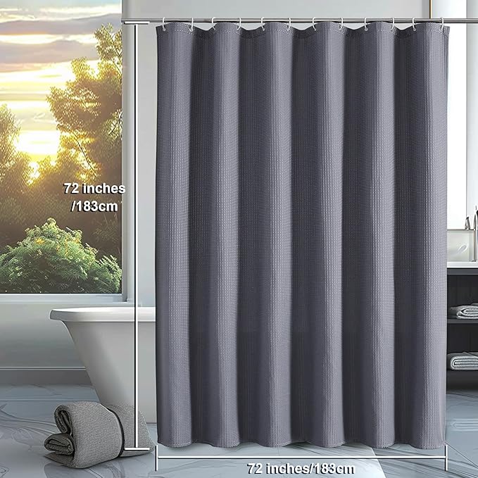 OVZME Grey Shower Curtain Set, Waffle Textured Heavy Duty Fabric Shower Curtain for Bathroom, Luxury Hotel Weighted 230GSM Bath Curtain with 12 Plastic Hooks, Machine Washable, 72x72