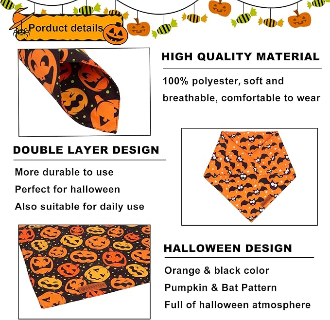ADOGGYGO Halloween Dog Bandana, Pumpkin Bat Pet Scarf, Premium Durable Fabric, Adjustable Fit Halloween Bandanas for Small Dogs Cats Puppies (Small)