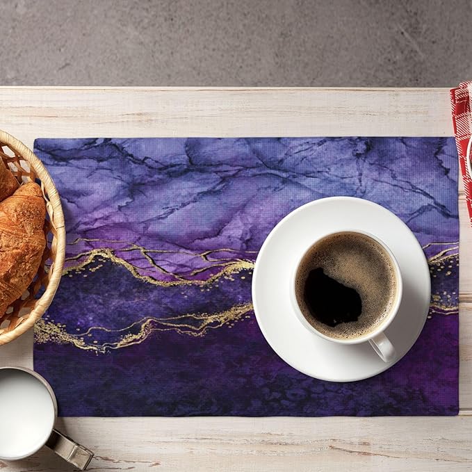 Purple Marble Placemats, Abstract Elegant Art Marble Floral Art Accents Print Washable Fabric Placemats Table Kitchen Dining Party 12x18 Inch Set of 4