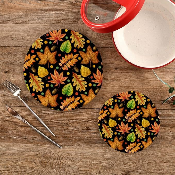 Boccsty Colorful Autumn Leaves Trivet Mat 2PCS Oak Aspen Maple Round Woven Potholders Kitchen Table Countertop Protector Hot Pads Farmhouse Coasters Counter Mats for Cooking Baking