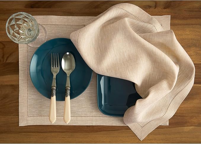 Solino Home Linen Placemats Set of 4 - Milan Hemstitch Champagne Beige Placemats 14 x 19 Inch - 100% Pure Linen Table Mats for Spring, Easter