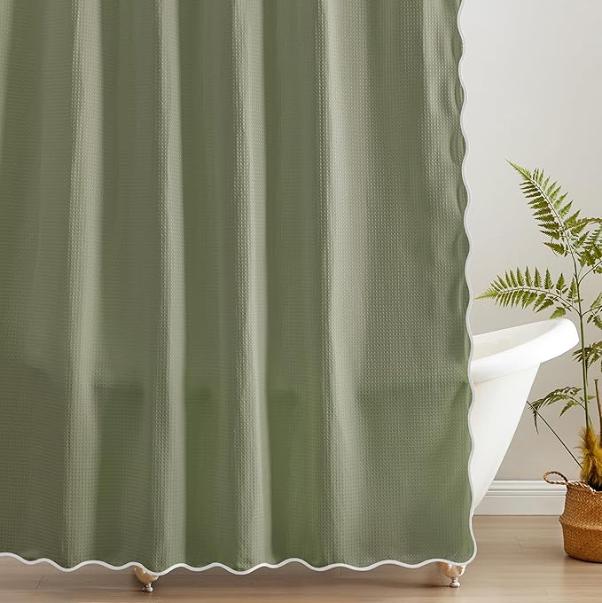 MONDAY MOOSE Scalloped Waffle Weave Shower Curtain with Rustproof Metal Grommet Holes for Bathroom, Machine Washable, Hooks Included (72x72 inch, White/Sage)