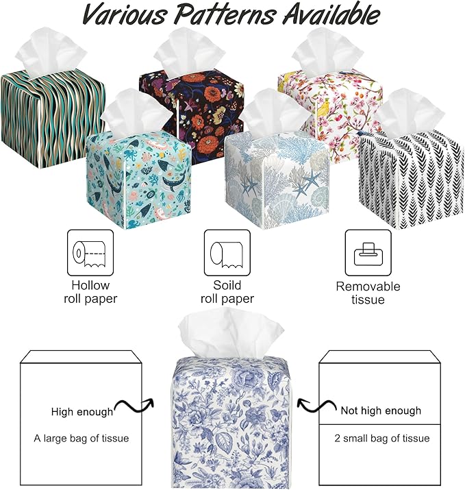 Vintage Blue Floral Tissue Box Holder,Cube Tissue Box Cover Holder,Leather Facial Paper Organizer Dispenser Home for Bedroom Night Stands,Kitchen,Office and Car,5.2"×5.2"×5.2"